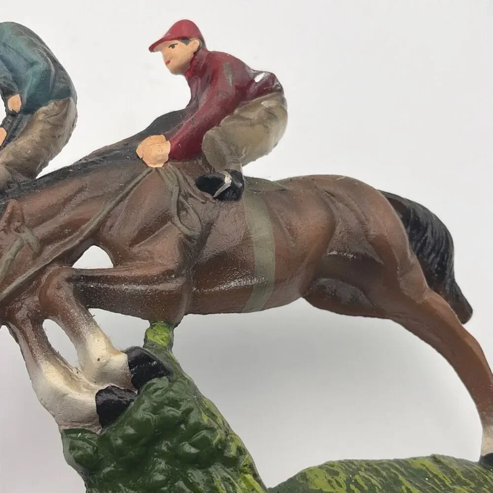 Vintage Cast Iron Door Stop Equestrians on Horseback Racing Jockey on Horse 8x11